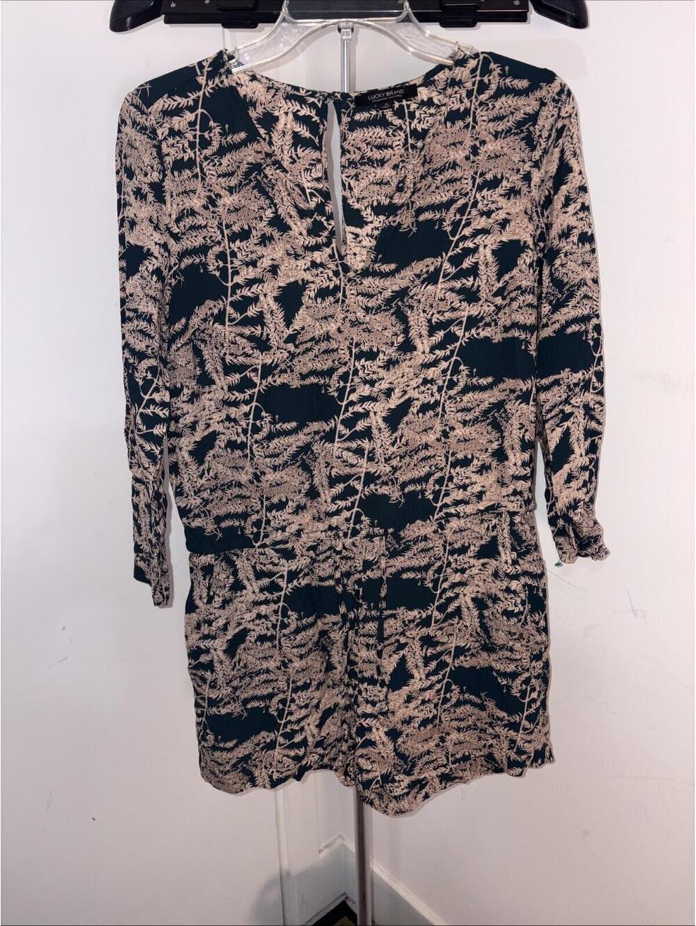 Lucky Brand All Over Print Long‎ Sleeve Playsuit Romper Small Green Pockets Boho